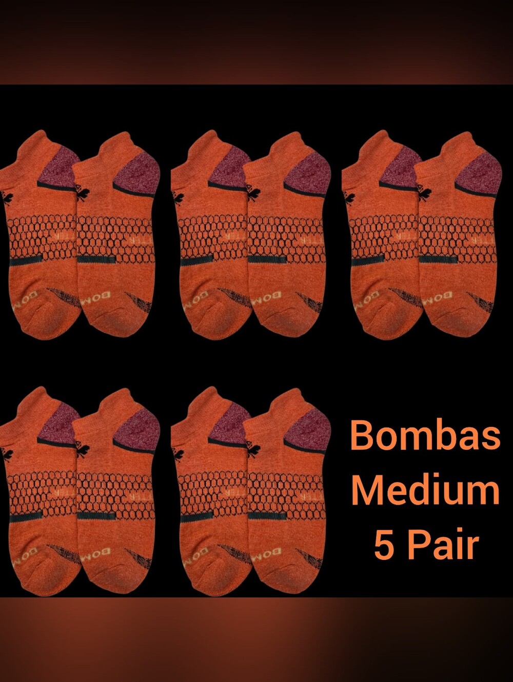 Bombas Medium Ankle Socks Coral Black Red 5 Pair BNWT Unisex Honeycomb Arch Supp - Picture 1 of 10